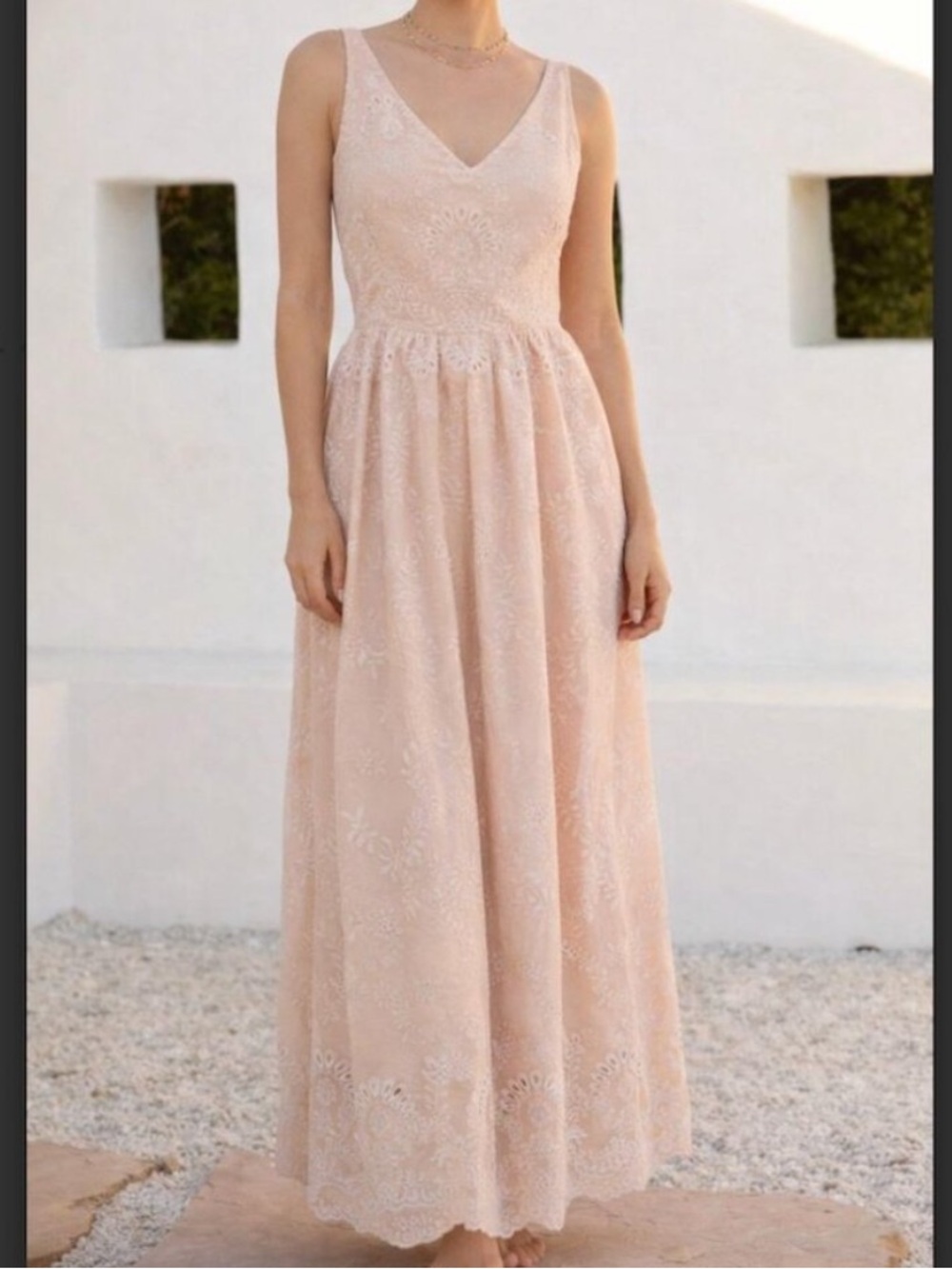 NWOT Anthropologie Blue Tassel Eyelet V-Neck Maxi Dress in Blush Peach Medium